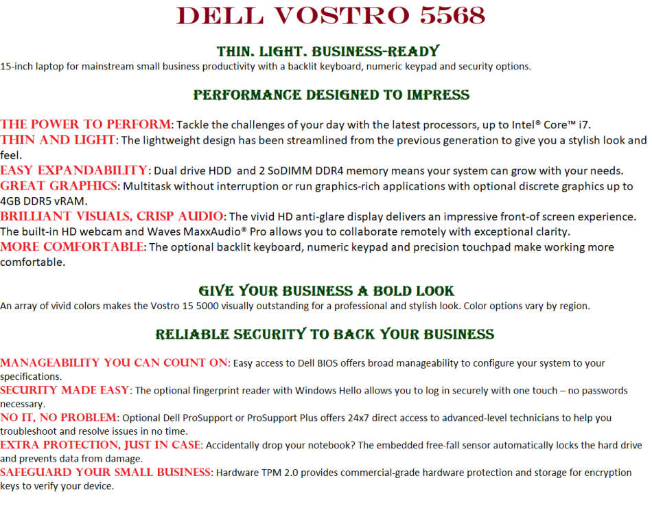 DELL VOSTRO 5568 , CORE I5-7200U @2.50GHz,8GB RAM ,1TB HDD , VERY GOOD CONDITION