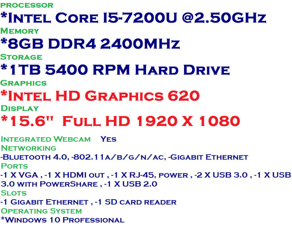 DELL VOSTRO 5568 , CORE I5-7200U @2.50GHz,8GB RAM ,1TB HDD , VERY GOOD CONDITION