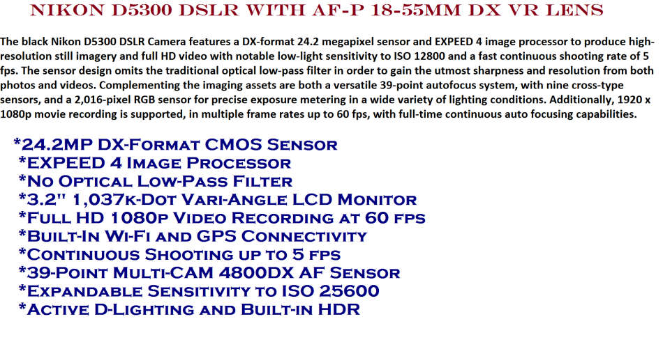 Nikon D5300 DSLR 24MP ,with AF-P 18-55mm DX VR Lens, Bag IN EXCELLENT CONDITION