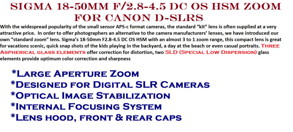 Sigma 18-50mm f/2.8-4.5 DC OS HSM Zoom For Canon D-SLRs IN EXCELLENT CONDITION