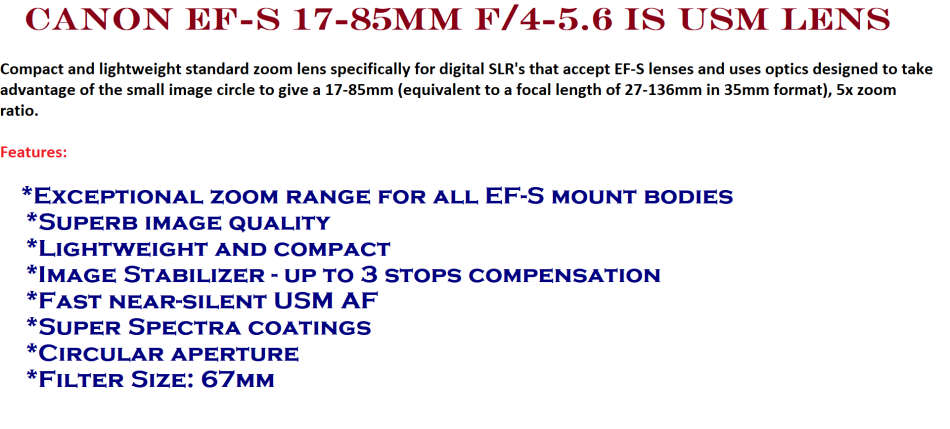 Canon EF-S 17-85mm f/4-5.6 IS USM Lens IN EXCELLENT CONDITION