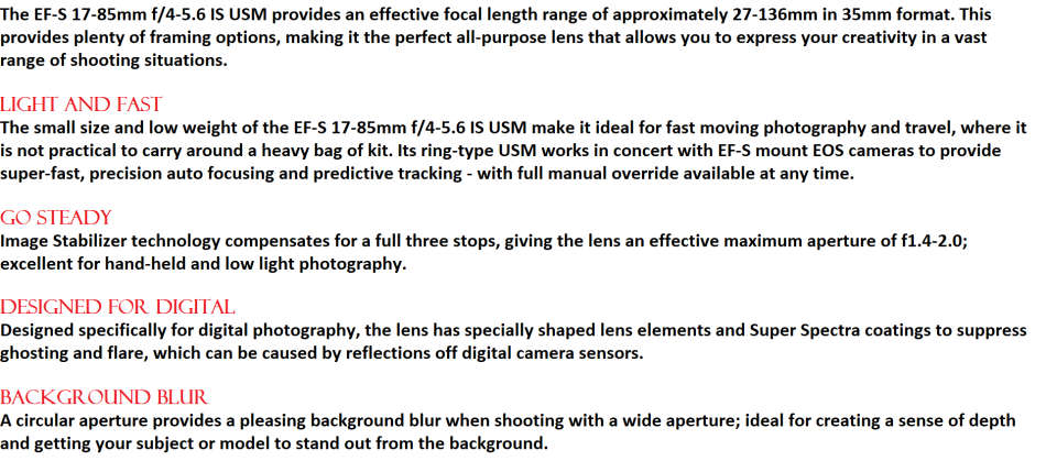Canon EF-S 17-85mm f/4-5.6 IS USM Lens IN EXCELLENT CONDITION