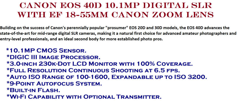 Canon EOS 40D 10.1MP DSLR with EF 18-55mm Canon Zoom Lens , 4GB MEMORY CARD IN EXCELLENT CONDITION
