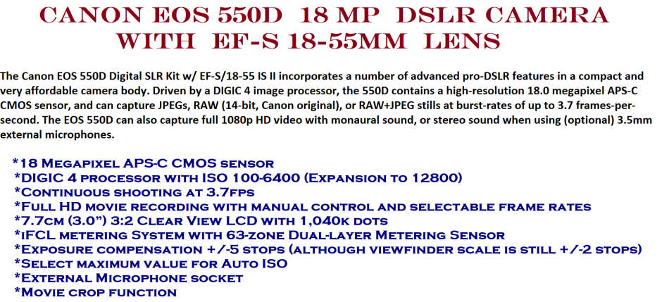 Canon EOS 550D Digital SLR camera FULL HD MOVIES with Canon 18-55MM LENS, LOWEPRO BAG