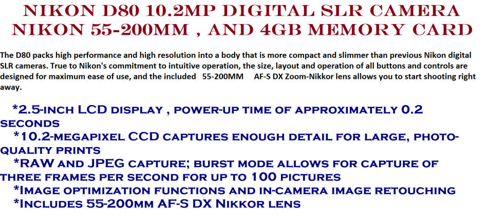 Nikon D80 10.2MP DSLR with 55-200MM AF-S Zoom Lens , COMING WITH A BATTERY , CHARGER, VERY GOOD COND