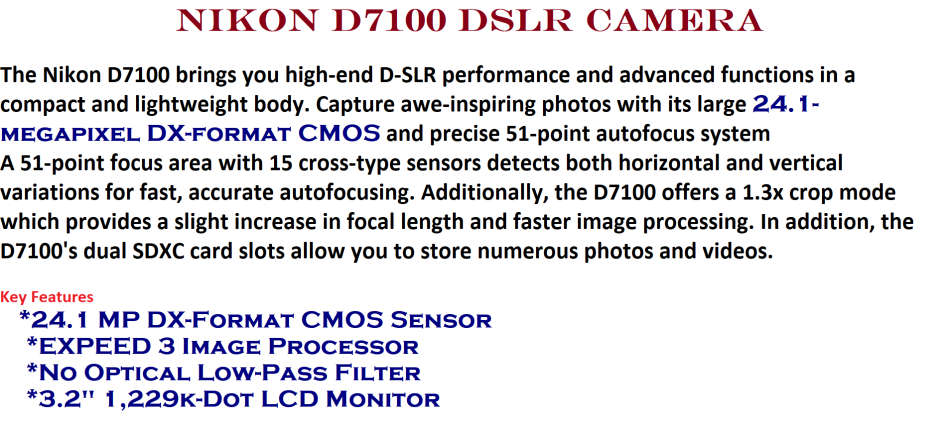 Nikon D7100 DSLR Camera , 24.1 MP DX-Format CMOS Sensor IN EXCELLENT CONDITION