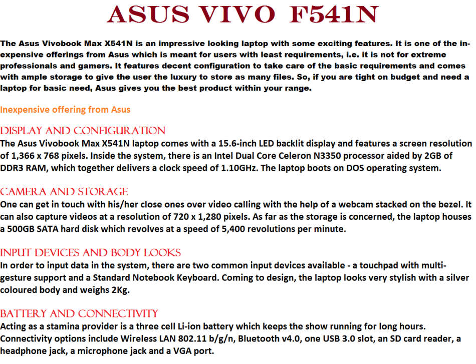 ASUS F541N , CELERON DUAL CORE , 4GB RAM , 500GB HDD , WEBCAM , VERY GOOD CONDITION