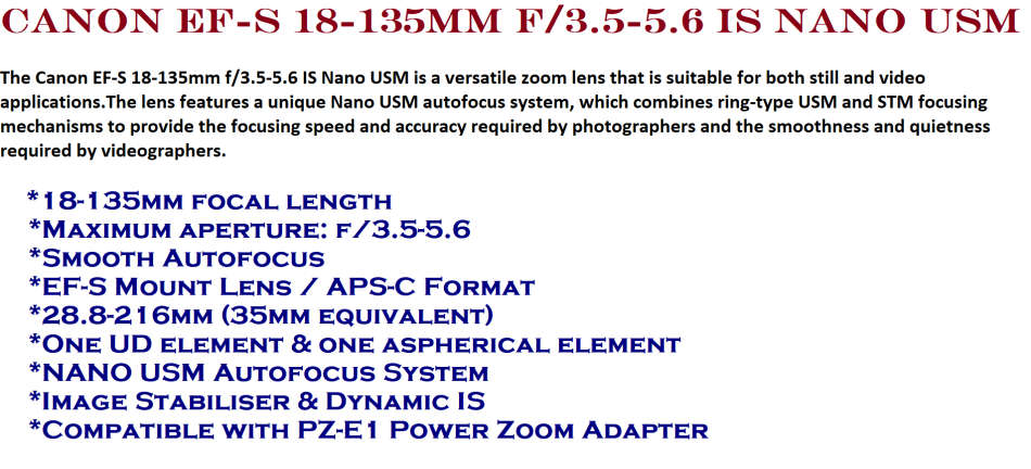 Canon EF-S 18-135mm f/3.5-5.6 IS Nano USM Lens IN EXCELLENT CONDITION