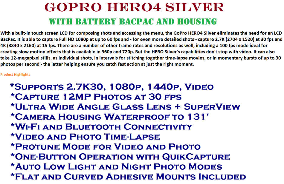 GOPRO HERO 4 IN EXCELLENT CONDITION WITH GoPro Battery BacPac AND HOUSING