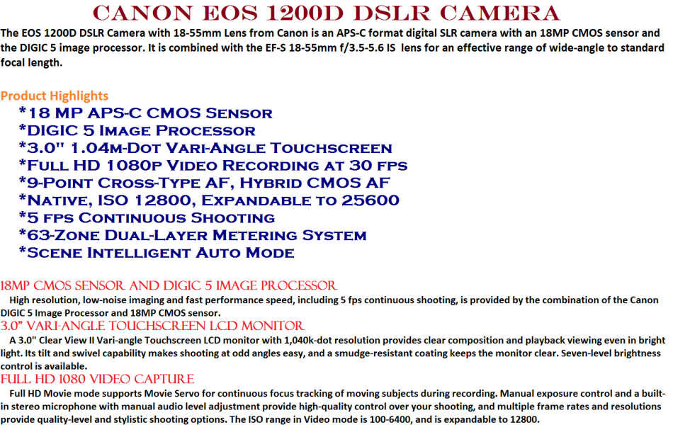 Canon EOS 1200D DSLR Camera 18MP ,FHD MOVIES ,18-55mm Lens IN VERY GOOD CONDITION , WITH LOWEPRO BAG