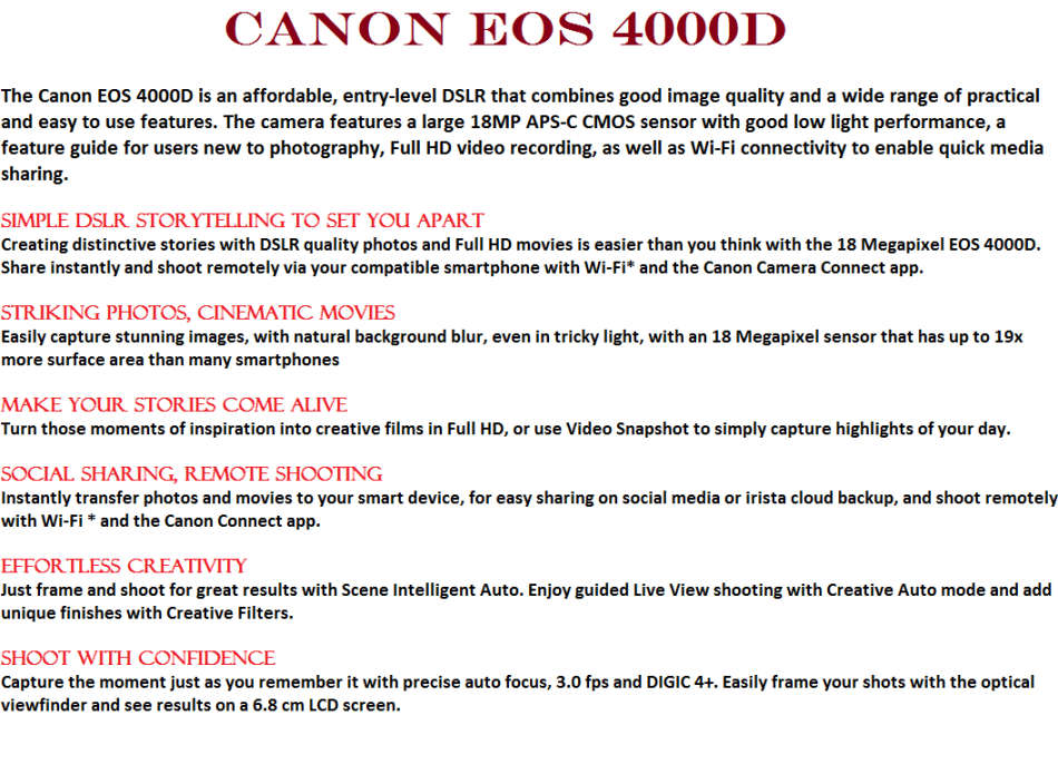 Canon EOS 4000D 18MP DSLR , FHD MOVIES, WIFI with EF-S 18-55mm WITH LOWEPRO CARRY BAG. NEW CONDITION