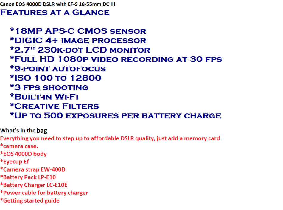 Canon EOS 4000D 18MP DSLR , FHD MOVIES, WIFI with EF-S 18-55mm WITH LOWEPRO CARRY BAG. NEW CONDITION