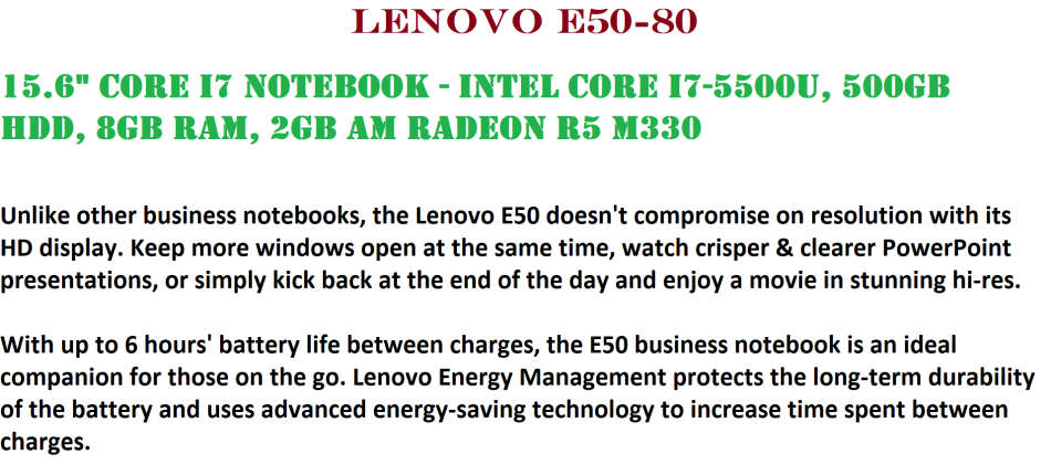 LENOVO E5080 ,INTEL CORE I7-5500U @2.40GHz,8GB RAM,500GB HDD,2GB AMD RADEON R5 M330