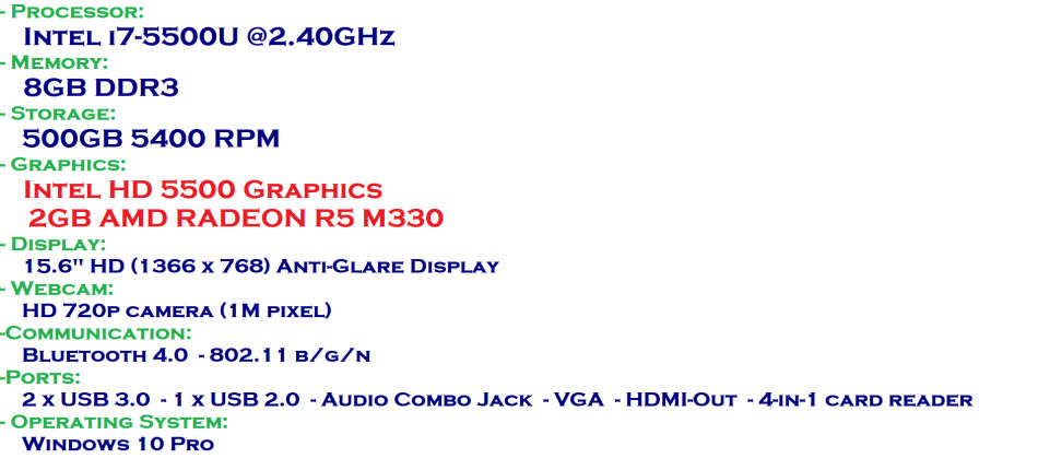 LENOVO E5080 ,INTEL CORE I7-5500U @2.40GHz,8GB RAM,500GB HDD,2GB AMD RADEON R5 M330