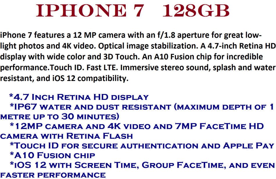 APPLE IPHONE 7 , 128GB BLACK IN VERY GOOD CONDITION