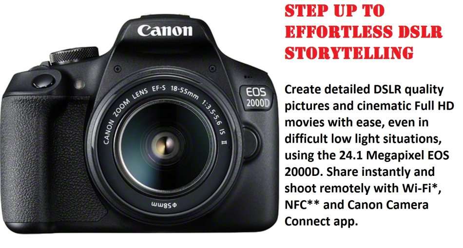 Canon EOS 2000D 24MP DSLR, FULL HD MOVIES , 18-55MM IS II ZOOM LENS IN EXCELLENT CONDITION