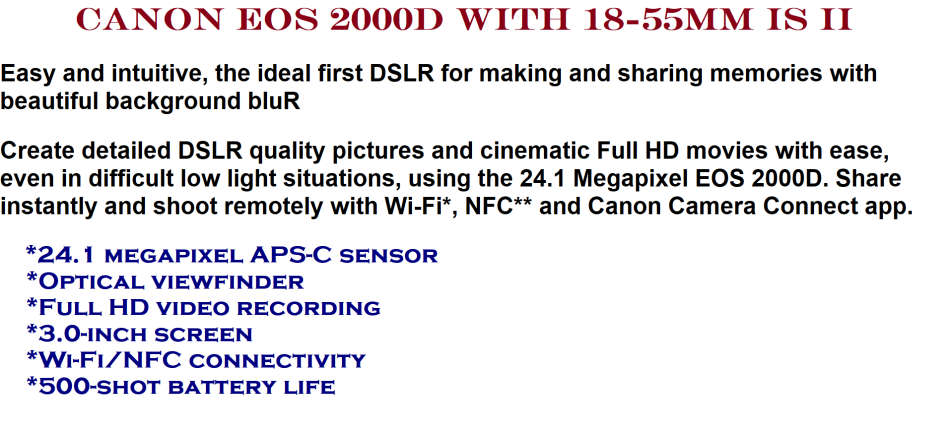 Canon EOS 2000D 24MP DSLR, FULL HD MOVIES , 18-55MM IS II ZOOM LENS IN EXCELLENT CONDITION