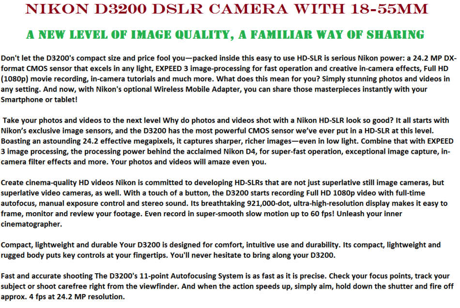 Nikon D3200, 24.2MP DSLR Camera ,FULL HD MOVIES ,with 18-55MM VR LENS,  IN EXCELLENT CONDITION