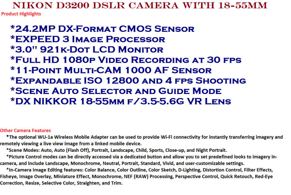 Nikon D3200, 24.2MP DSLR Camera ,FULL HD MOVIES ,with 18-55MM VR LENS,  IN EXCELLENT CONDITION