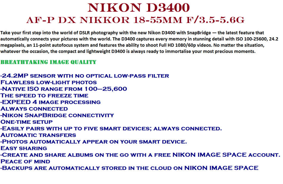 Nikon D3400 24MP DSLR ,FULL HD MOVIES with AF-P 18-55mm  Lens AND LOWEPRO BAG