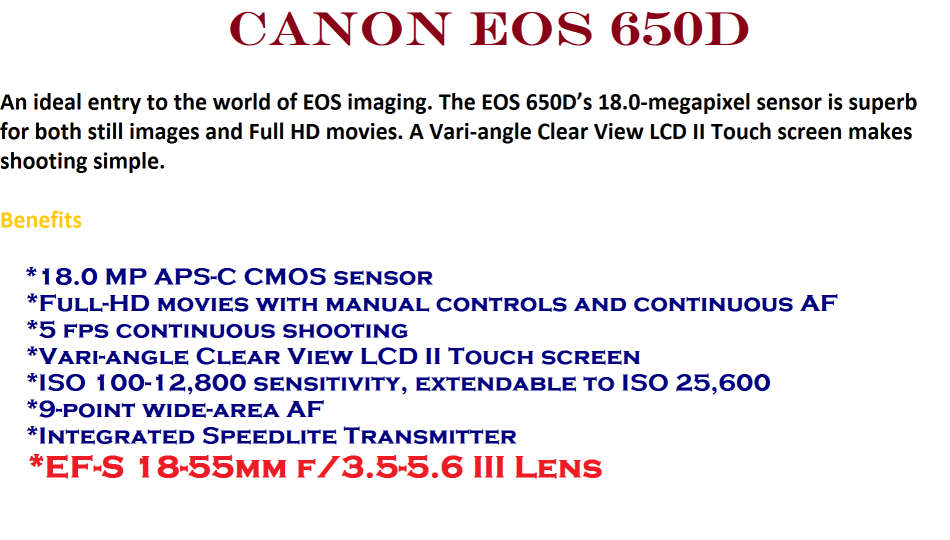 CANON EOS 650D, 18MP DSLR WITH FULL HD MOVIES, 18-55MM III ZOOM LENS AND CANON CARRY BAG