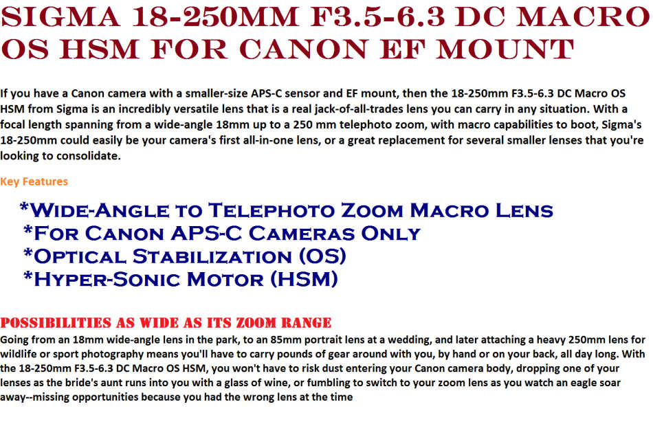 Sigma 18-250mm F3.5-6.3 DC Macro OS HSM for Canon EF Mount IN EXCELLENT CONDITION