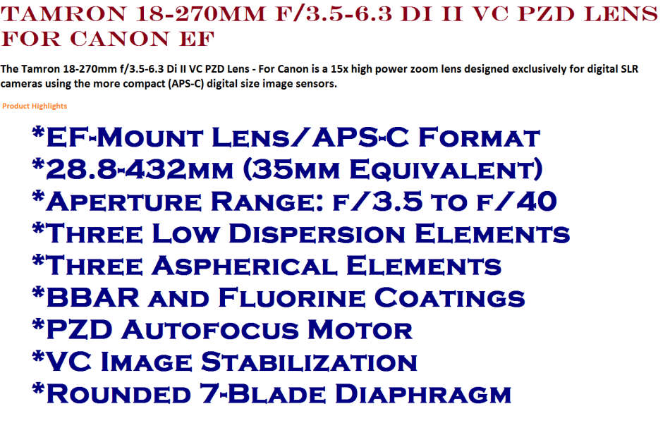 Tamron 18-270mm f/3.5-6.3 Di II VC PZD Lens for Canon EF IN EXCELLENT CONDITION