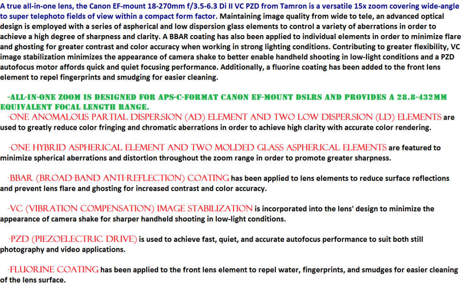 Tamron 18-270mm f/3.5-6.3 Di II VC PZD Lens for Canon EF IN EXCELLENT CONDITION