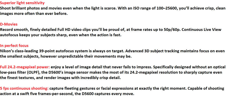 Nikon D5600 24MP DSLR CAMERA, FULL HD VIDEOS, WIFI , NIKON 18-55mm  VR Lens, CAMERA BAG, LOW SHUTTER