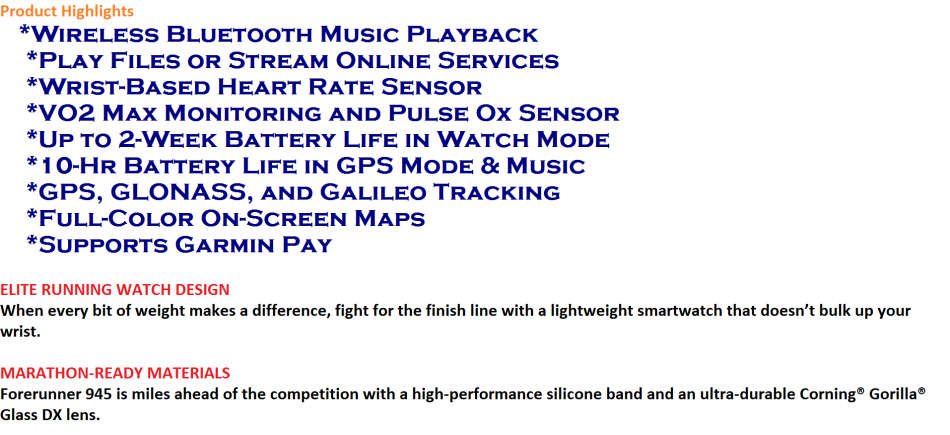 Garmin Forerunner 945 Music Premium GPS Running / Triathlon Smartwatch - Black