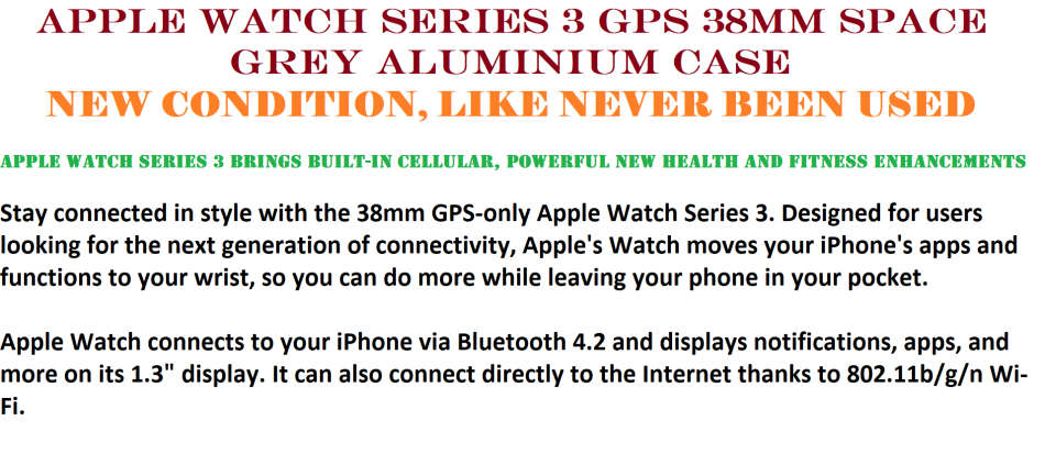 Apple Watch Series 3 GPS 38mm Space Grey Aluminium Case WITH PROTECTIVE CASE , NEW CONDITION