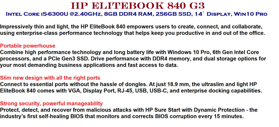 HP Elitebook 840 G3 Intel Core i5-6300U @2.40GHz, 8GB DDR4 RAM, 256GB SSD, 14` Display, Win10 Pro
