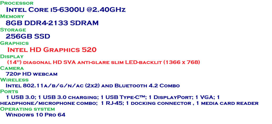HP Elitebook 840 G3 Intel Core i5-6300U @2.40GHz, 8GB DDR4 RAM, 256GB SSD, 14` Display, Win10 Pro