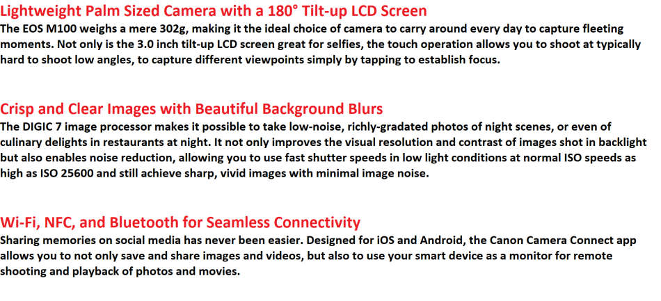 Canon EOS M100 Mirrorless Camera w/ 15-45mm Lens - Wi-Fi, Bluetooth, and NFC enabled