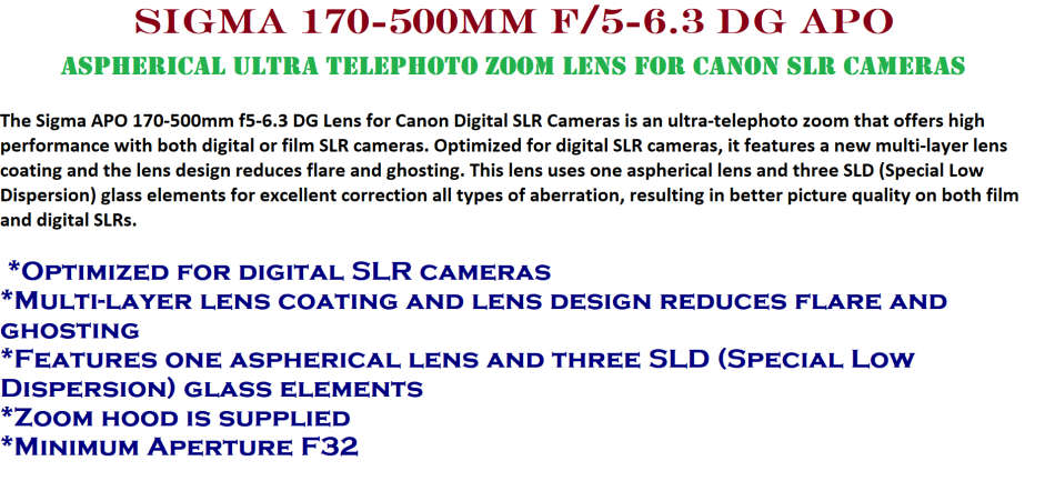Sigma 170-500mm f/5-6.3 DG RF APO Aspherical Ultra Telephoto Zoom Lens for Canon SLR Cameras