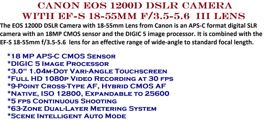 Canon EOS 1200D 18MP DSLR Camera , FULL HD MOVIES,18-55mm Lens,CANON SHOULDER BAG, NEW CONDITION