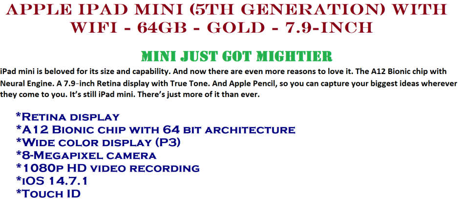 Apple iPad mini (5th Generation) with Wi-Fi - 64GB - Gold WITH APPLE PENCIL , NEW CONDITION