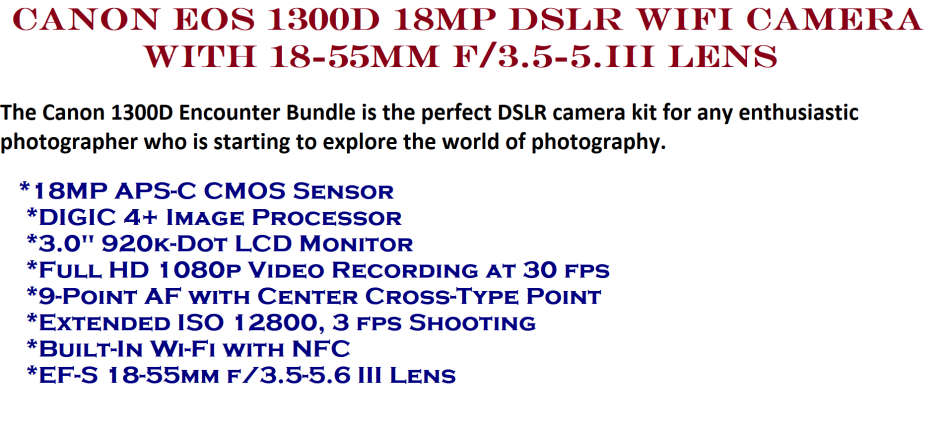 Canon EOS 1300D 18MP DSLR Camera FULL HD MOVIES with WIFI ,18-55MM III LENS , WITH CHARGER