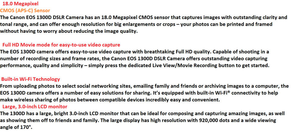 Canon EOS 1300D 18MP DSLR Camera FULL HD MOVIES with WIFI ,18-55MM III LENS , WITH CHARGER