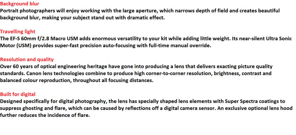 Canon EF-S 60mm f/2.8 USM Macro Lens for Canon DSLR CAMERAS IN VERY GOOD CONDITION