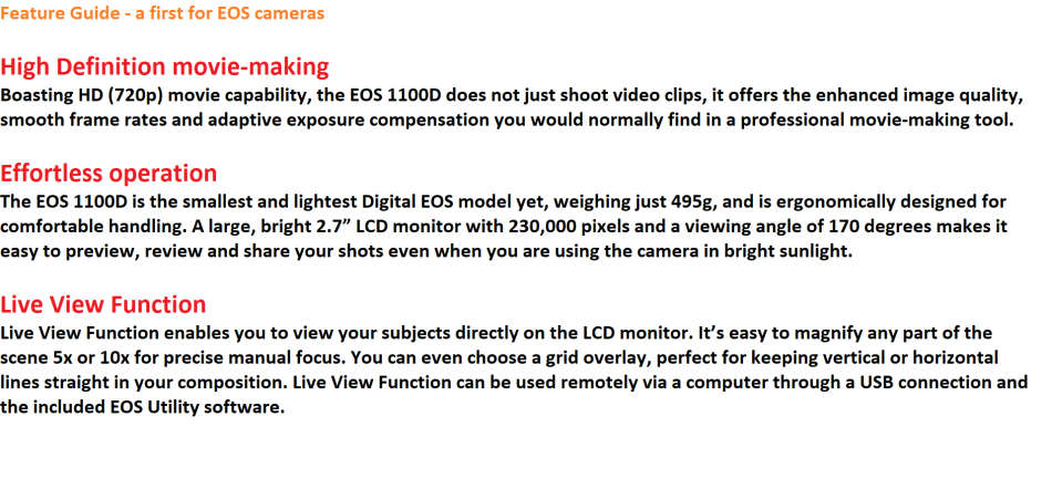 CANON EOS 1100D,12MP DSLR CAMERA WITH HD MOVIES, COMING WITH 18-55MM ZOOM LENS AND BAG