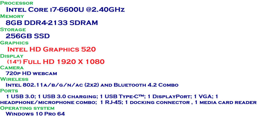 HP Elitebook 840 G3 Intel Core i7-6600U @2.60GHz, 8GB DDR4 RAM, 256GB SSD, 14` Display, Win10 Pro