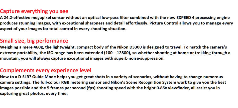 Nikon D3300 , 24.2 MP FULL HD MOVIES  DSLR , AF-S DX 18-55mm f/3.5-5.6G VR  II Zoom Lens, NIKON BAG