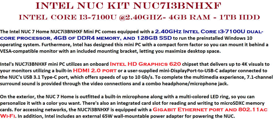 Intel NUC 7 Mainstream Mini PC (NUC7i3BNHXF) - Core i3, 4GB RAM, 128GB SSD