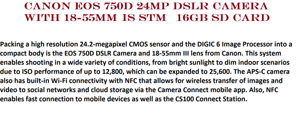 Canon EOS 750D 24MP DSLR Camera WITH 18-55MM IS STM , 16GB SD CARD BRAND NEW BAG, 500 SHOTS TAKEN