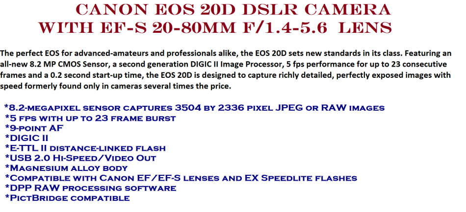Canon EOS 20D DSLR Camera with EF-S 20-80mm f/1.4-5.6  Lens GOOD CONDITION