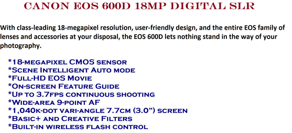 Canon EOS 600D 18MP Digital SLR Camera, FULL HD MOVIES , 18-55mm IS II Lens, CHARGER , SHOULDER BAG