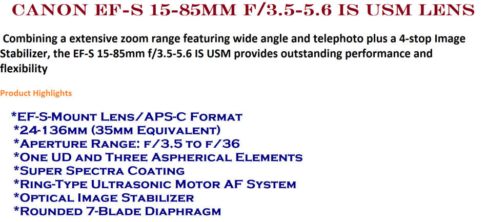 Canon EF-S 15-85mm f/3.5-5.6 IS USM Lens IN EXCELLENT CONDITON WITH BOTH LENS CAPS AND LENS HOOD