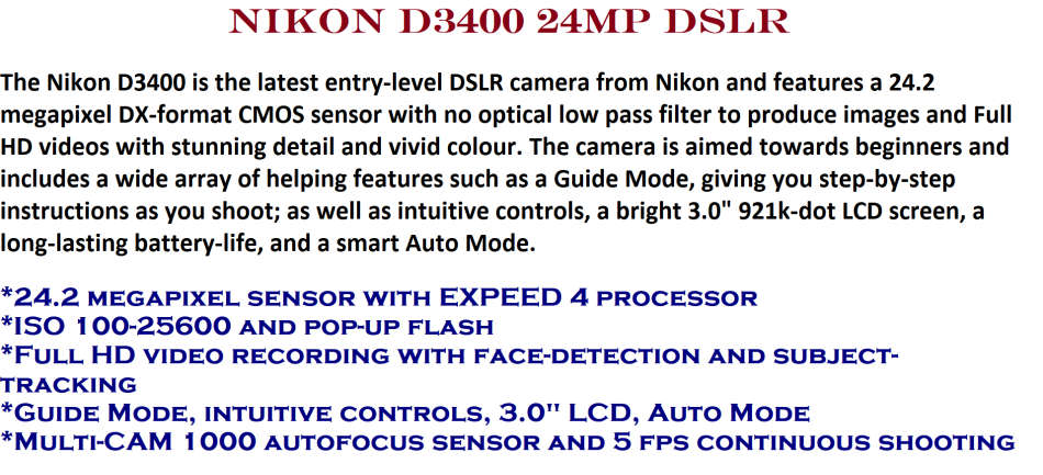 Nikon D3400 24MP DSLR ,FULL HD MOVIES with AF-P 18-55mm  Lens AND LOWEPRO BAG