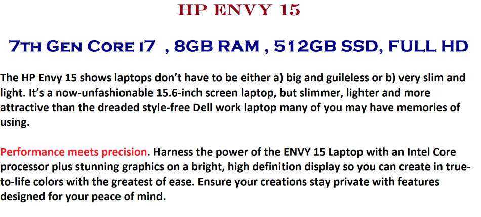 HP Envy 15 7th Gen Core i7-7500U @2.70GHz,  8GB RAM, 256GB SSD, Full HD